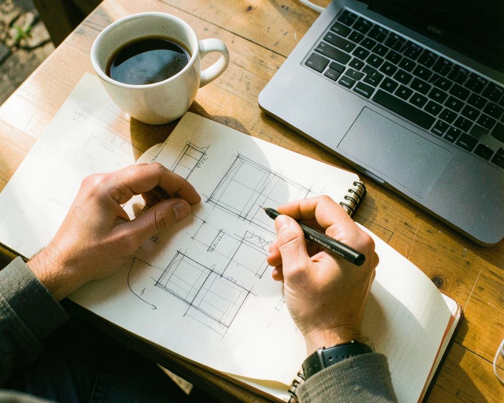 Sketching store wireframes in a notebook