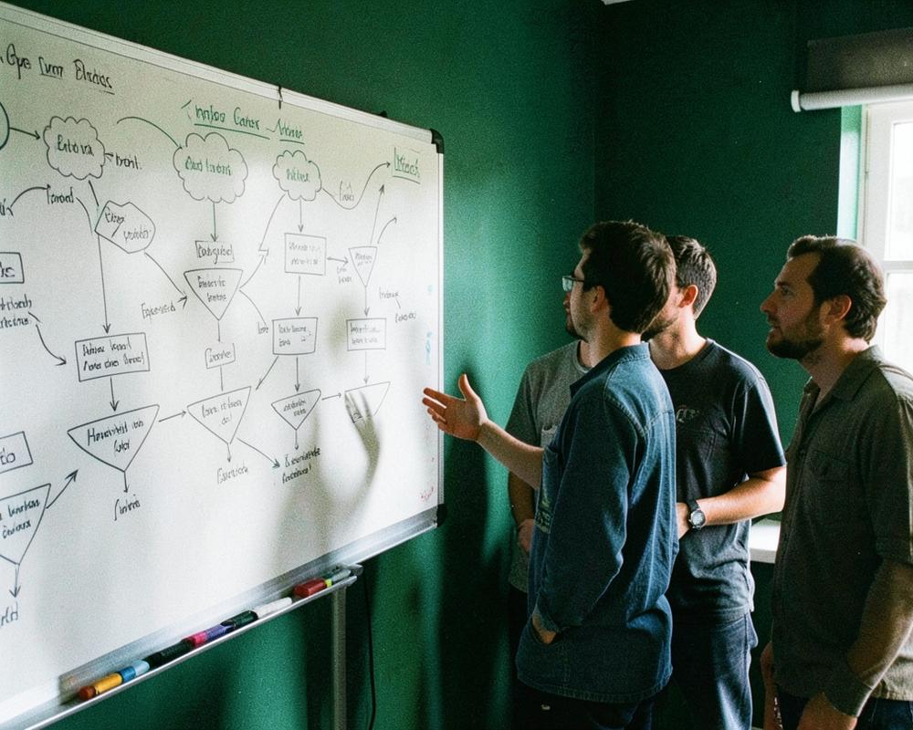 The team working through a growth funnel on the whiteboard
